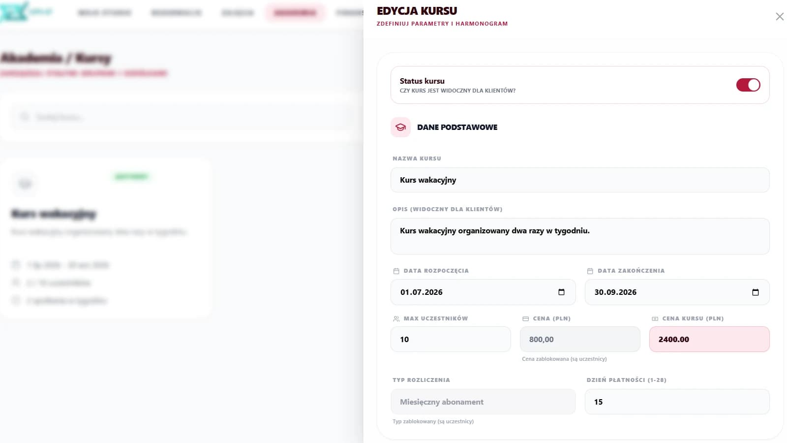 Panel Zyko.pl — edycja kursu z ceną, typem rozliczenia (miesięczny abonament) i dniem płatności