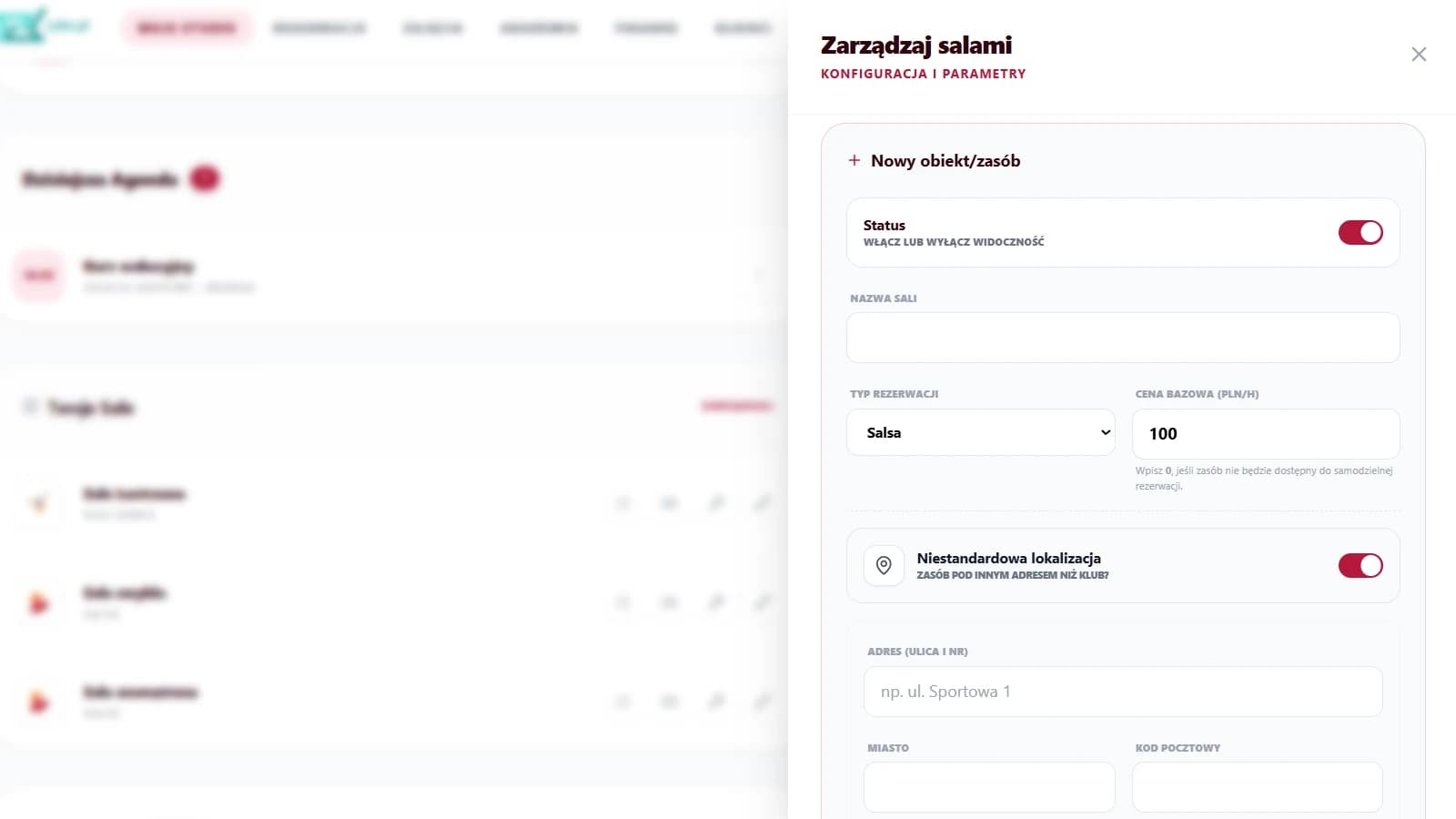 Panel Zyko.pl — konfiguracja nowej sali z przypisanym typem rezerwacji (styl tańca) i ceną bazową