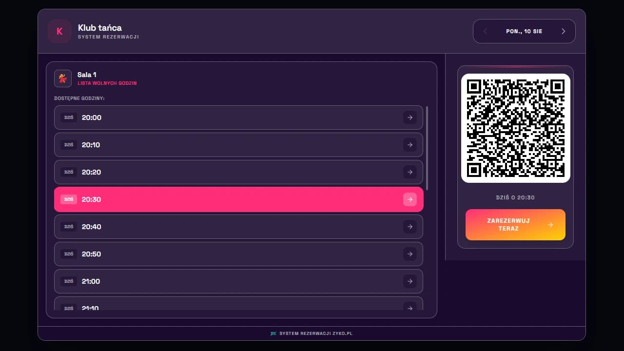 Widget Zyko — lista wolnych godzin z kodem QR